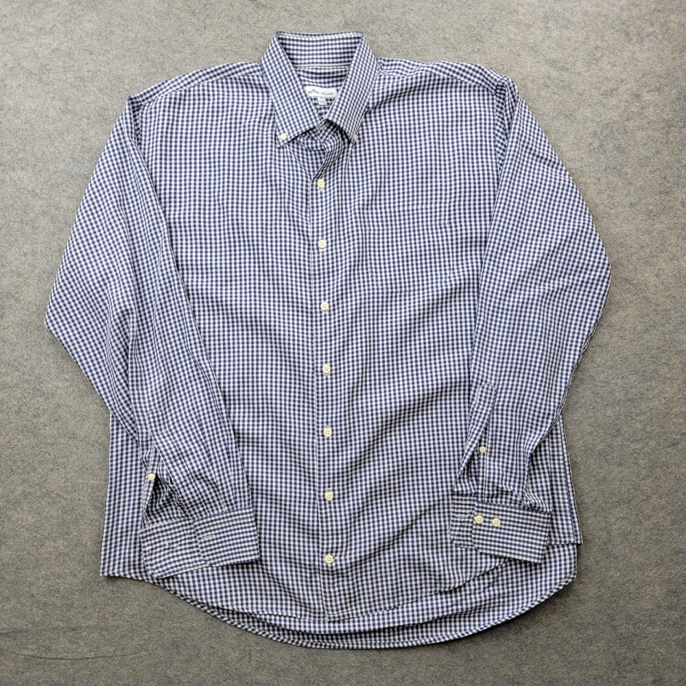 Peter Millar Mens XL Gingham Check Cotton Silk Stretch Button Down Shirt Blue